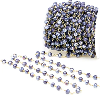 

HanKun 4*6mm AB Dark Blue Faceted Rondelle Crystal Beads with Brass wire wrapped Rosary Chain -Stone Bead Chain Necklace