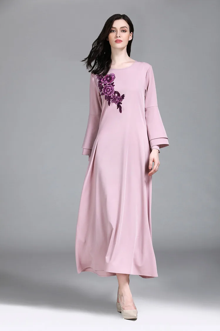 Повседневное мусульманская вышивка Абаи Flare рукавом Макси платье-Кимоно длинное халаты Рамадан Ближний Восток Арабский исламский Костюмы
