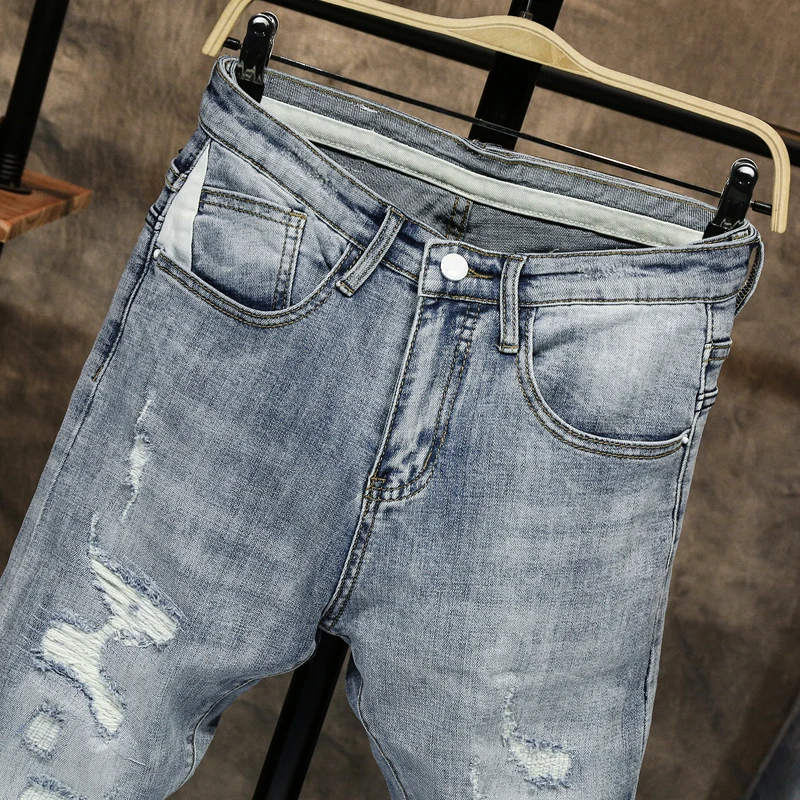 KSTUN Мужские джинсы Рваные стрейч облегающие, рваные хип хоп Потертая джинсовая куртка Homme модный дизайн мужские джинсы для мужчин брюки Hombre
