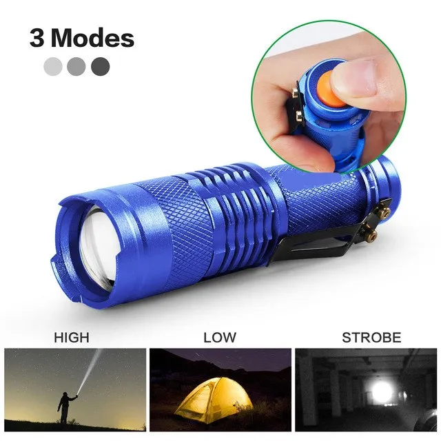 Adjustable Mini LED Flashlight Torch Zoom Focus Torch Lamp Penlight Waterproof 3 Modes Use AA/14500 battery For Camping running - Испускаемый цвет: BLUE