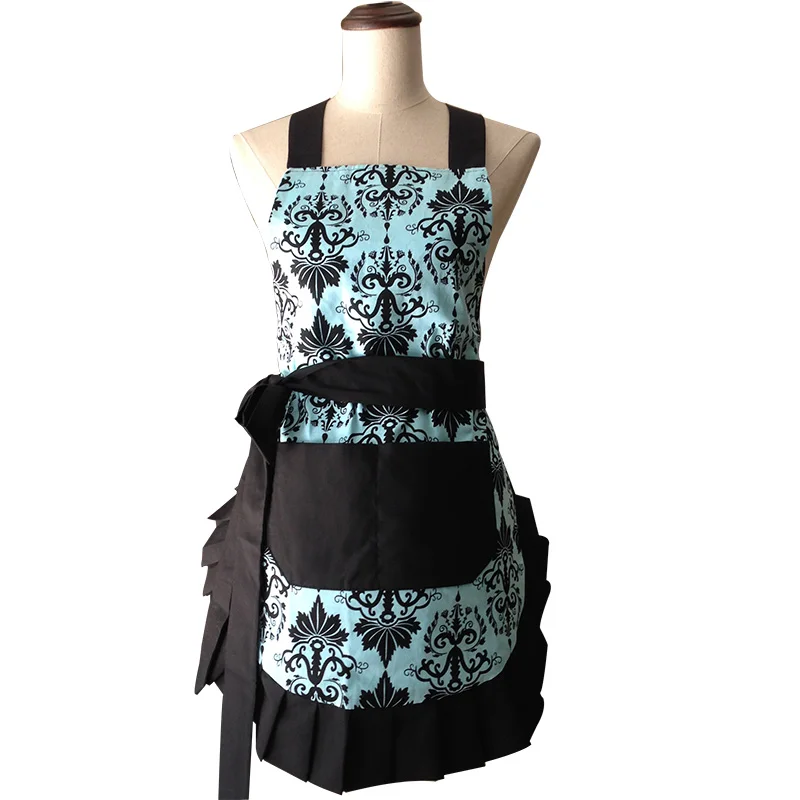 Retro Kitchen Apron Woman Flirty Aqua Damask Ruffled Floral Cooking Salon Avental de Cozinha Divertido Tablier