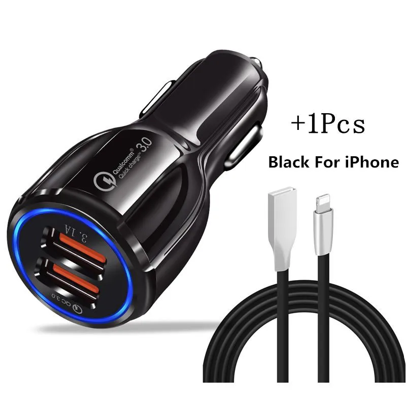With Black IOS Cable Автомобильное зарядное устройство Quick Charge 3,0 QC 3,0 Быстрая Зарядка адаптер двойной USB Автомобильное зарядное устройство для iphone Micro usb type C кабель зарядное устройство для телефона s - Тип штекера: With Black IOS Cable