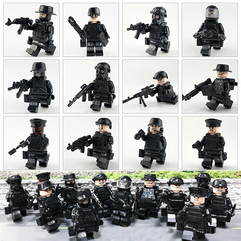  12pcs LegoINGlys Military Mini Figures SWAT City Police with Weapon Bulletproof vests Mask Building