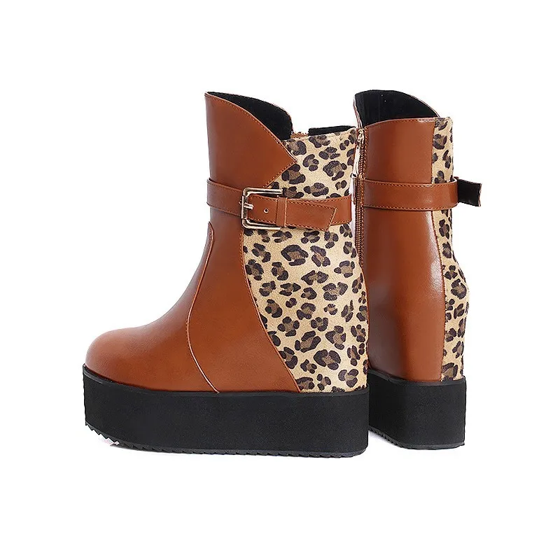 VIGOR/женские ботинки свежести; обувь на платформе; женские ботинки, увеличивающие рост; осенние ботильоны; зимняя обувь на высоком каблуке 11 см с леопардовым принтом; MY90 - Цвет: Коричневый
