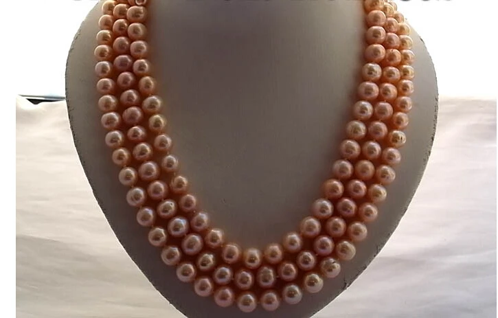 

3strands 22"10mm round pink freshwater pearl necklace shell flower clasp @^Noble style Natural Fine jewe FREE SHIPPING