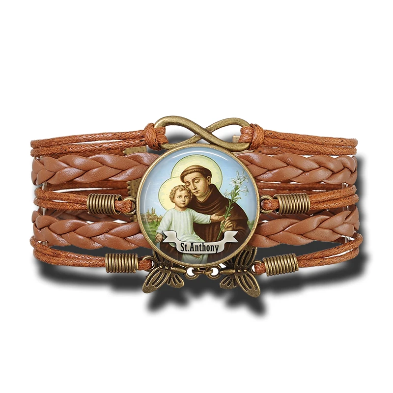 Saint Religious Bracelet St Anthony Vintage Multi layer Leather