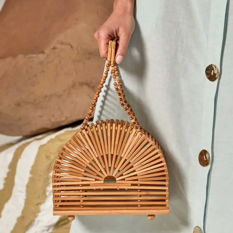 Летняя женская бамбуковая Сумочка ручной работы бамбуковый кошелек клатч Соломенная пляжная сумка (с шарфом)