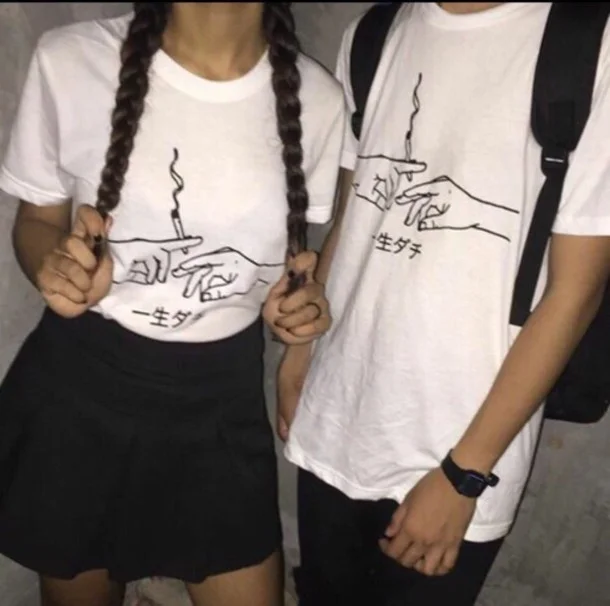 Hipster Couple Harajuku Summer Short Sleeve T-shirt White Cotton Loose Japanese Word Printed Lover Matching Top Tee