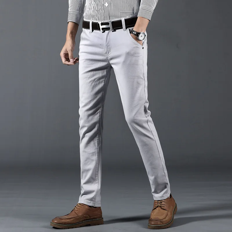 Весенне-летние новые деловые повседневные брюки мужские хлопковые узкие брюки, модные брюки, Мужская брендовая одежда, большие размеры 28-38 - Цвет: Light Grey