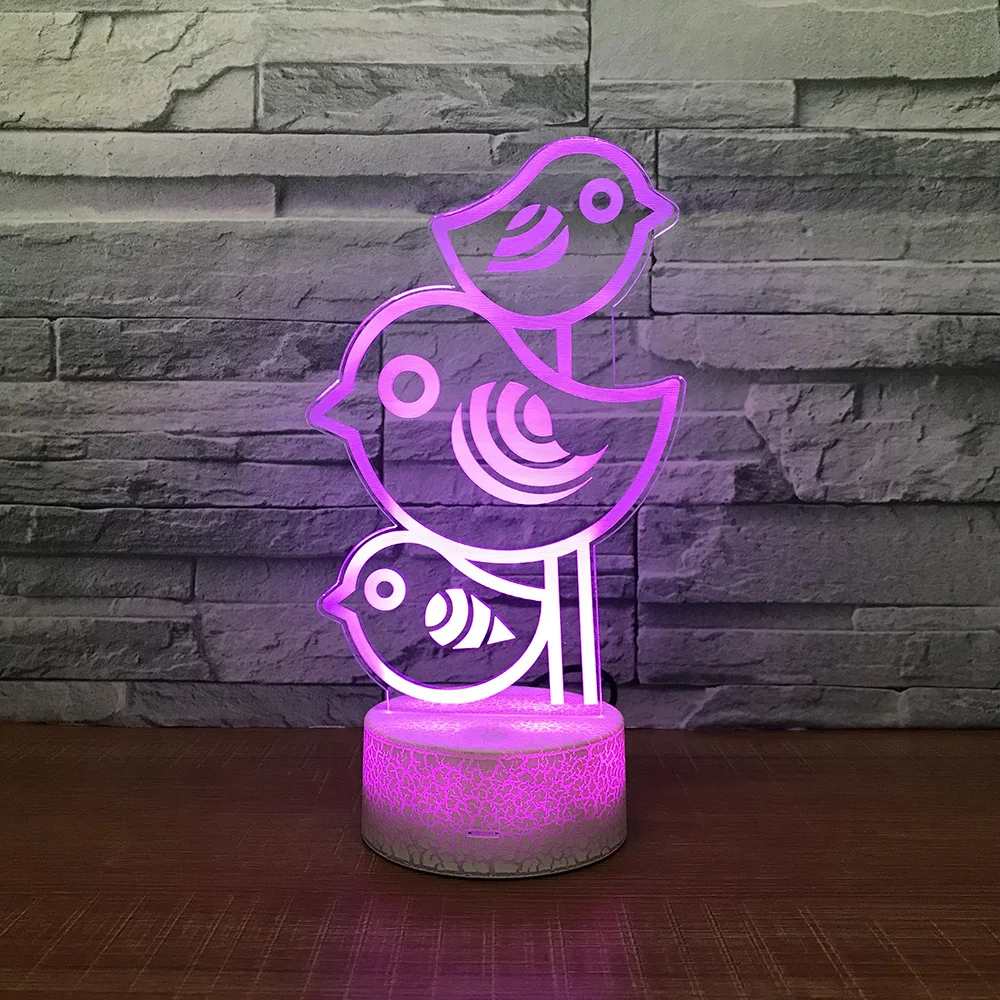 Три птицы 3D Crackle лампа 7 цветов Burst Led ночные лампы для детей Touch Usb настольная