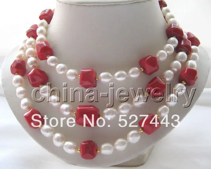 

Wholesale Beautiful 51" 10mm natural white baroque FW pearl & 16mm red coral necklace