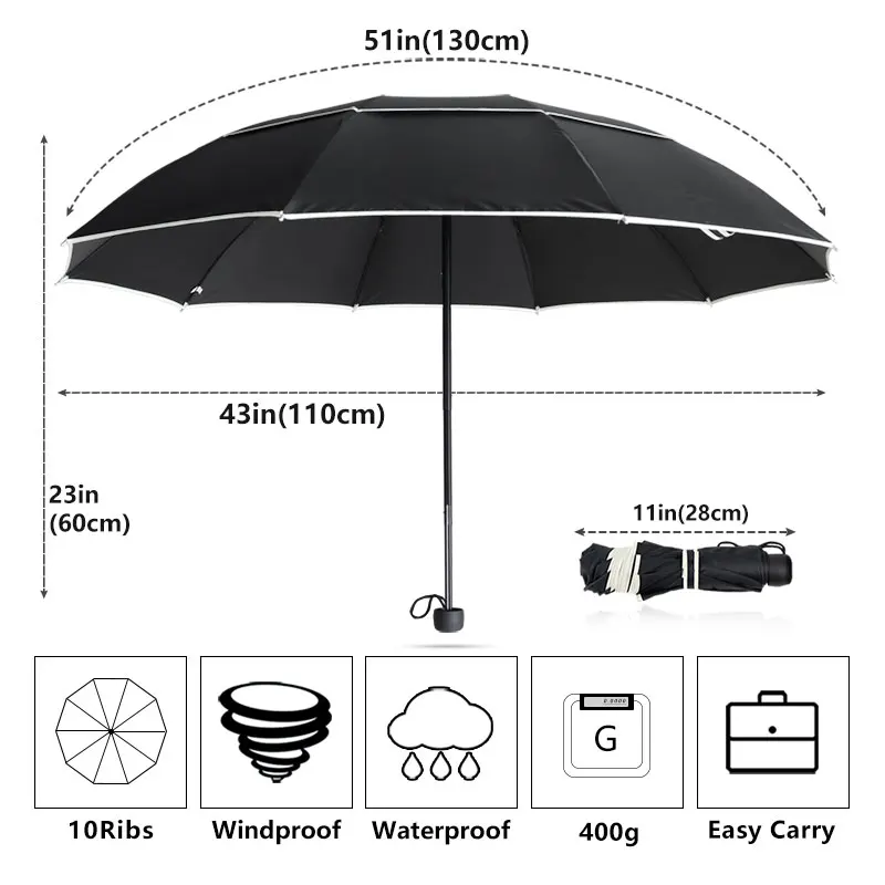 Зонт от дождя для женщин и мужчин 110 см 10 ребер Большой качественный Двухслойный 3 складной сильный ветростойкий зонт для путешествий водонепроницаемый зонт