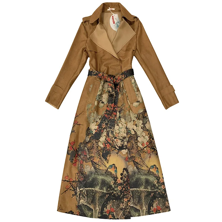 

Autumn Lady Mid Calf Slim Trench Coat Fashion Lapel Floral Suede Leather Outwear Female Overcoat Women