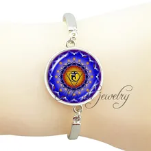 Синие узоры Мандала браслет с подвеской для женщин om цветок браслет стеклянные купольные украшения посеребренные чакра пульсирующие браслеты