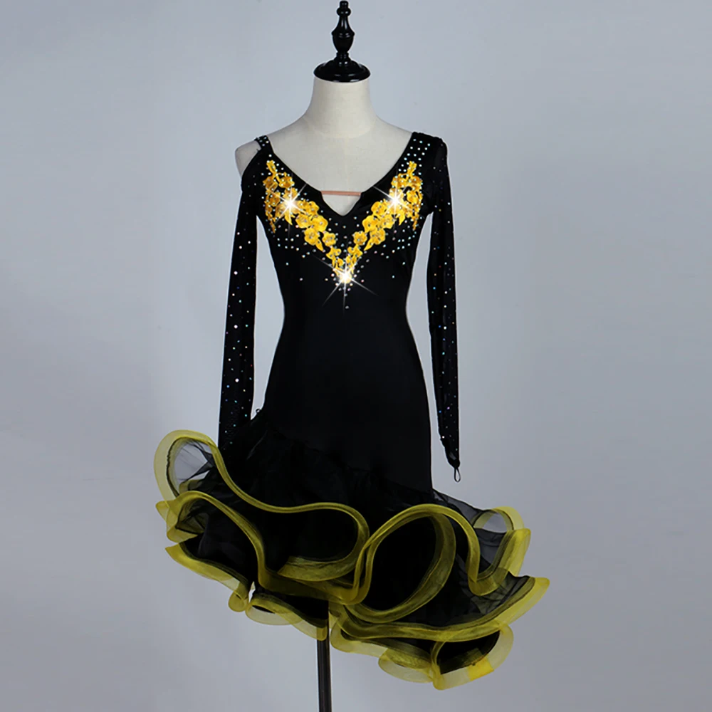 

Latin Dancing Dress For Ladies S-XL Size Rhinestone Lace Yellow Black Color Women Chacha Ballroom Latino Indian Fashion Y10461