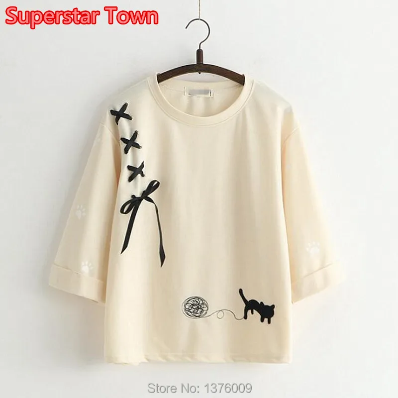 

Mori Girls Shirt Summer Harajuku Lolita T shirt Bandage Kwaii Neko Cat Paws Tops Women Female Tees Casual KPOP Cute Anime