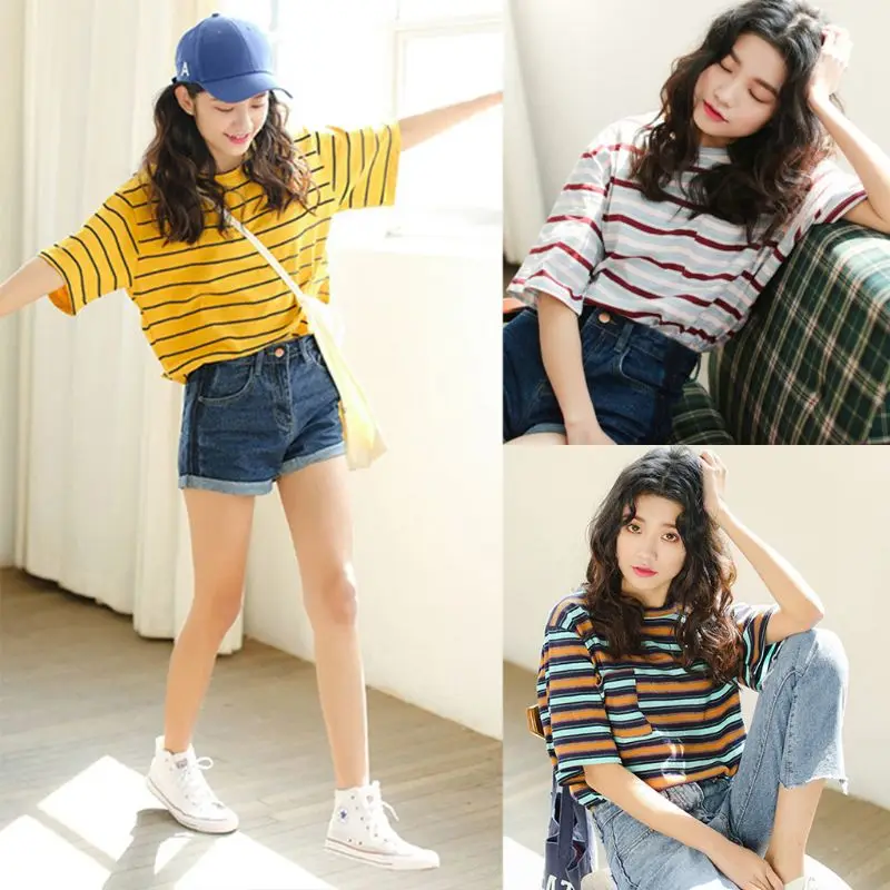

Womens Plus Size Summer Half Sleeve T-Shirt Teenage Girls Contrast Colored Cross Stripes Printed Oversized Loose Pullover