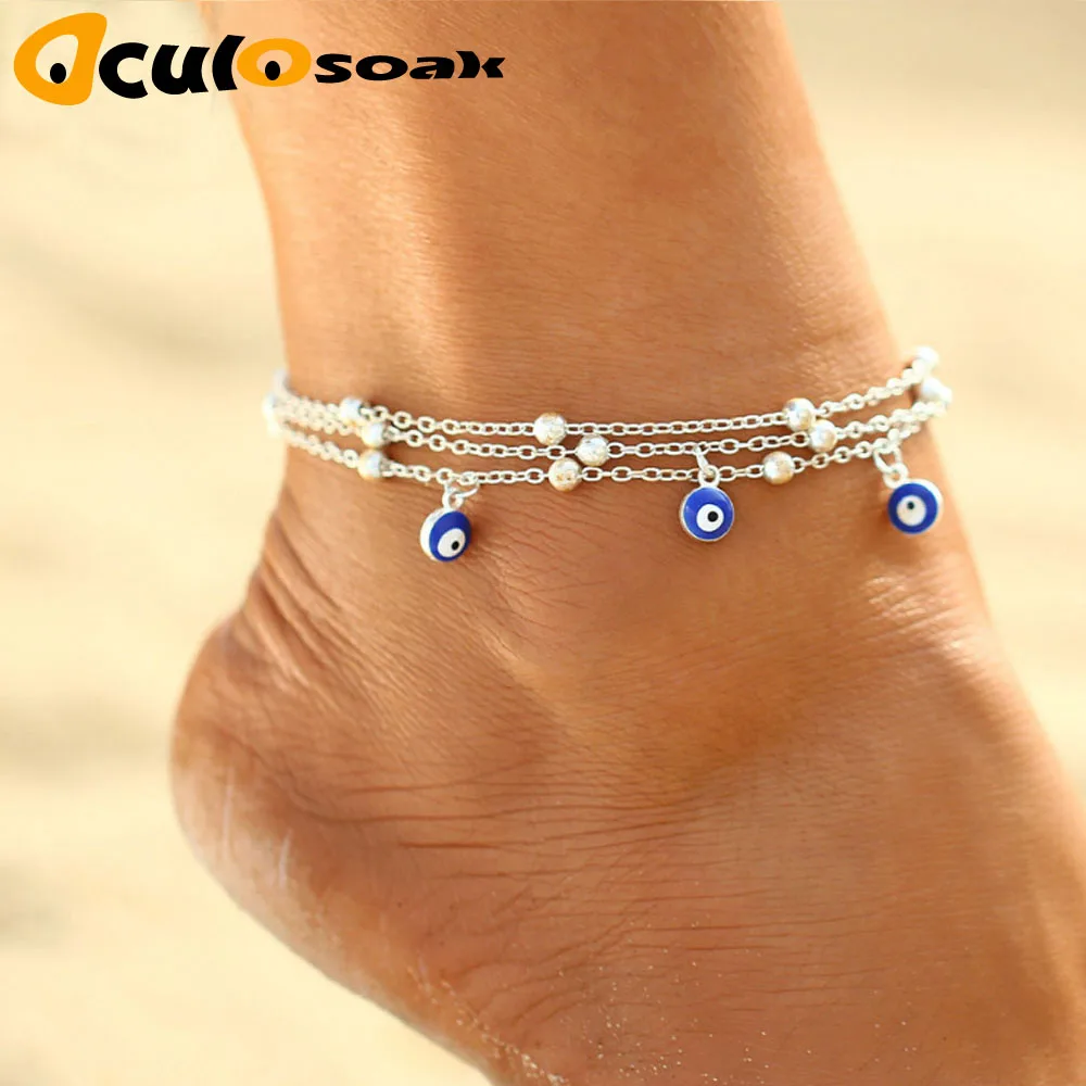 

New Bohemian Anklets For Women Turkish Blue Eyes Pendant Foot Bracelet Beads Chain Beach Anklet halhal ayak zinciri cavigliera