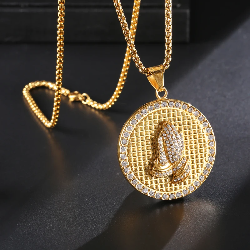

D&Z Iced Out Crystal Prayer Hands Pendants & Necklaces Men Gold Color Stainless Steel Catholic Cross Prayer Necklace Jewelry