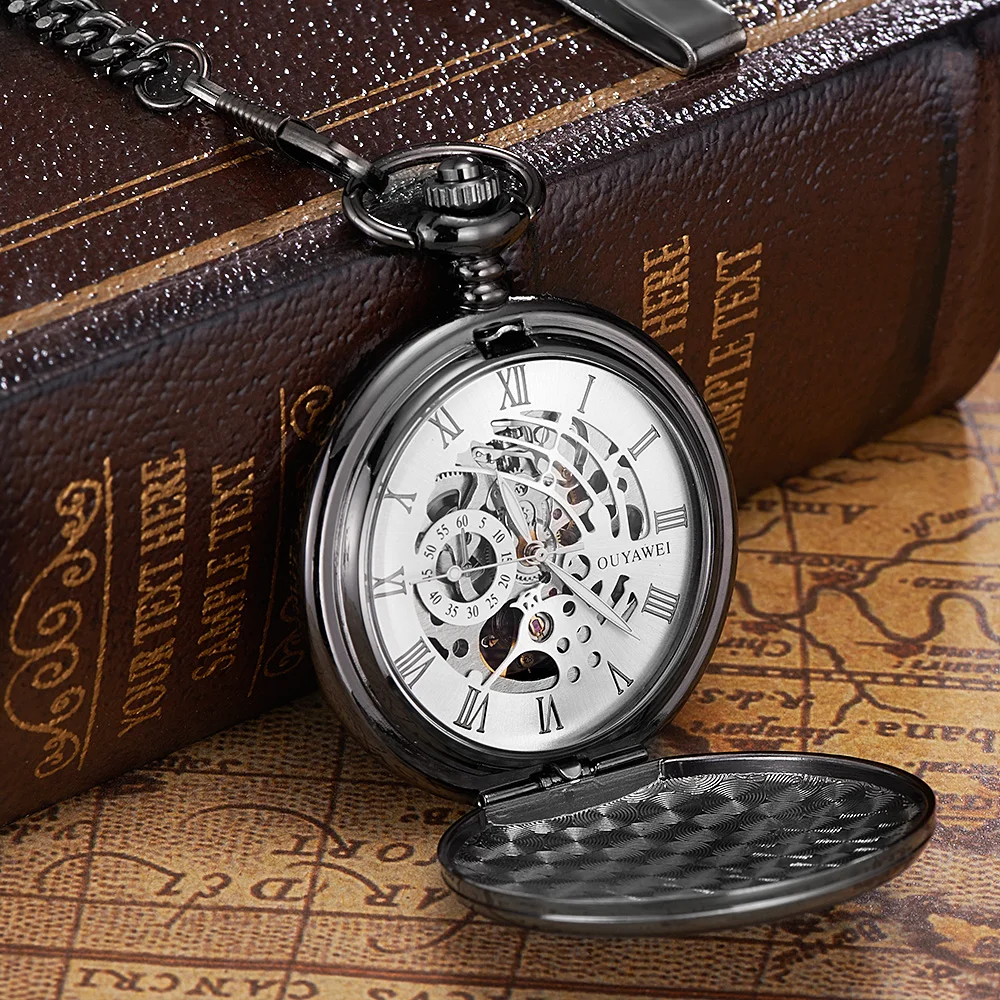 OUYAWEI Antique Steampunk Hand Winding Black Fob Pocket Watch Men Vintage Skeleton Hand Wind Mechanical Pocket Watches for gift