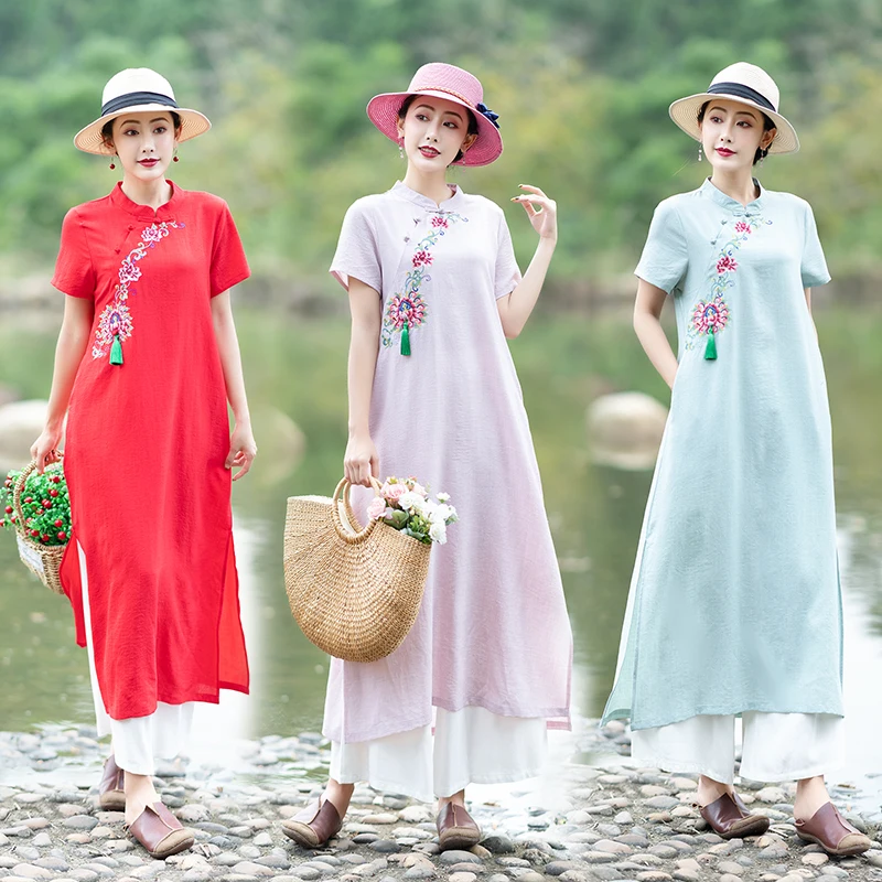

Hanfu Traditional Chinese dress women summer ethnic elegant short sleeve mandarin collar short sleeve red pink blue dress