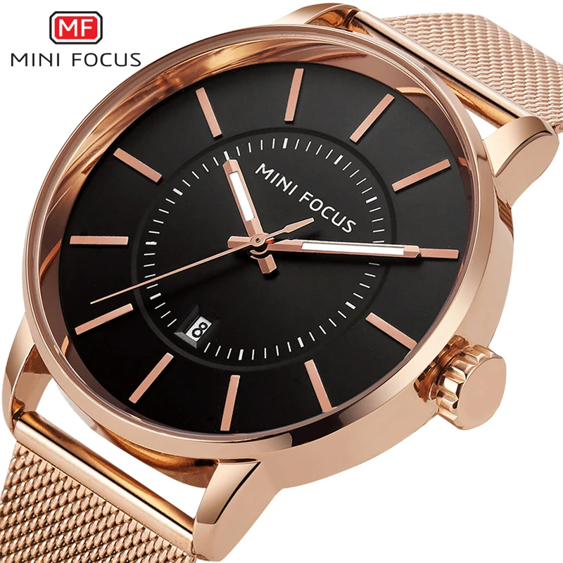 

MINIFOCUS Rose Gold Luxury Watch Men Steel Mesh Band Bracelet Quartz Wristwatch Water Resistant Business Men Watch Hodinky Clock