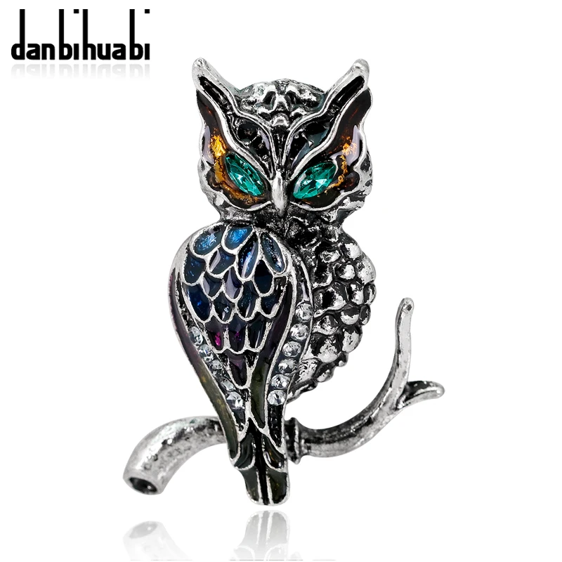 Vintage Crystal Enamel Owl Brooch Alloy Tree Pearl Rhinestone Bird Pins Jewelry