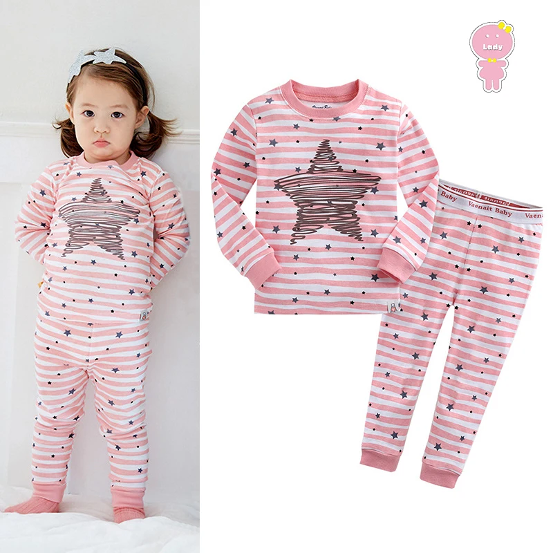 Spring Autumn pure cotton baby girls pajama set kids sleepwear children nightwear star striped