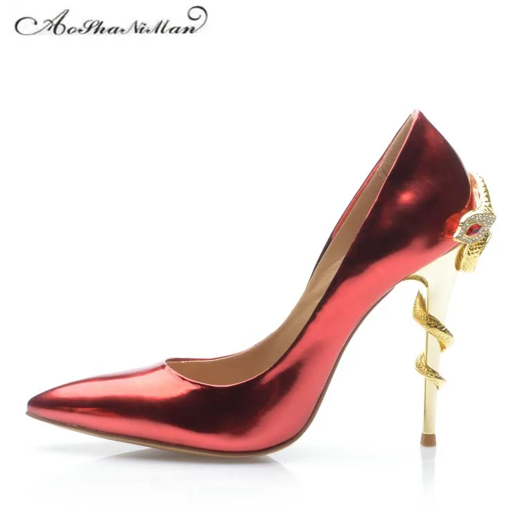 2017 newest Patent Leather High Heels 10cm Stilleto Sexy Pointed Toe Red Wedding Shoes Bride Snake heel Women Shoes 34-42