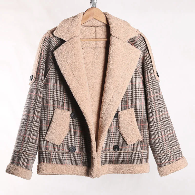 New Lamb Cashmere Coats Women Fur Plaid Coat Casual Outerwear Women Tweed Winter Coats