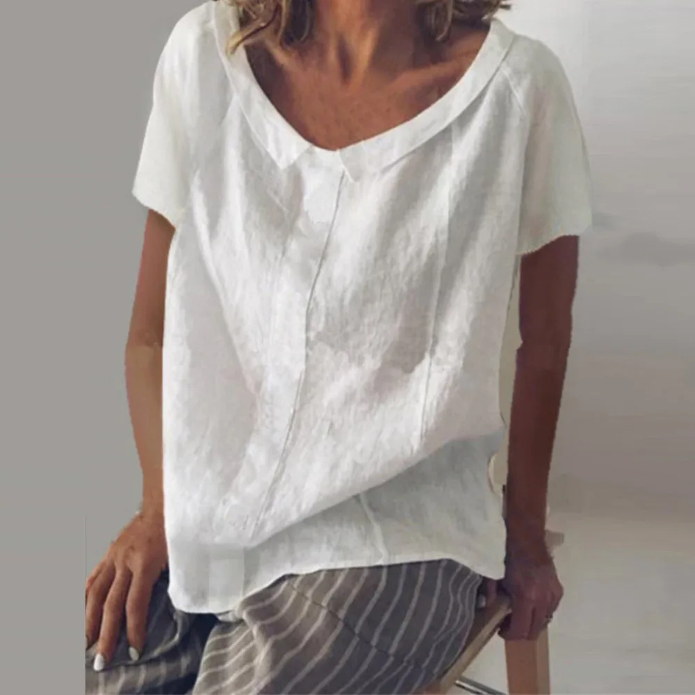 

Linen Blouse Ladies Short Sleeve Casual Summer Tops Round Neck Solid Color Loose Cotton Linen Women Shirts blusas mujer #10