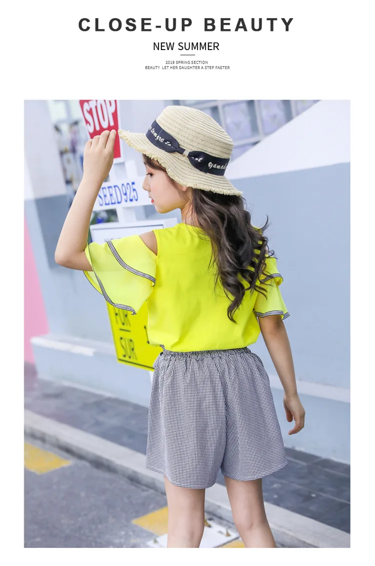 New Casual Teenage Girls Clothing Summer Fashion Bow Ruffle Sleeve Shirt Plaid Shorts Kids Clothes Set 2pcs Korean Children Suit (9)