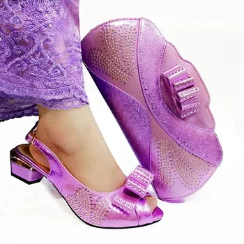 

Fashion Lilac Color African Women Matching Italian Shoes and Bag Set Decorated with Rhinestone Italian Ladies Shoe and Bag