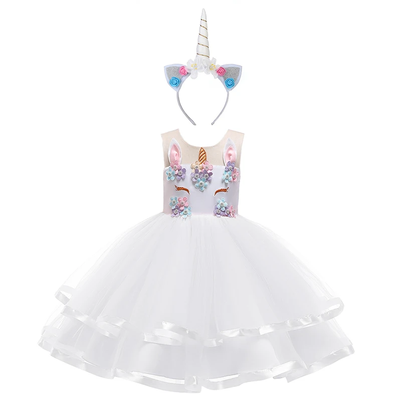 Комплект из 2 предметов; детская одежда для девочек костюм с единорогом и цветами маскарадное нарядное платье с фатиновой юбкой повязка на голову; детский наряд для дня рождения