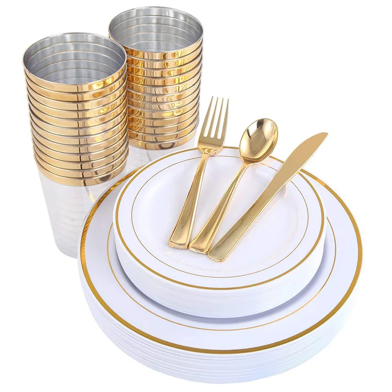 Золотые пластиковые тарелки и пластиковые столовые приборы и золотые чашки 150 шт., набор одноразовых столовых приборов премиум-класса включает: 25 обеденных тарелок, 25 - Цвет: set