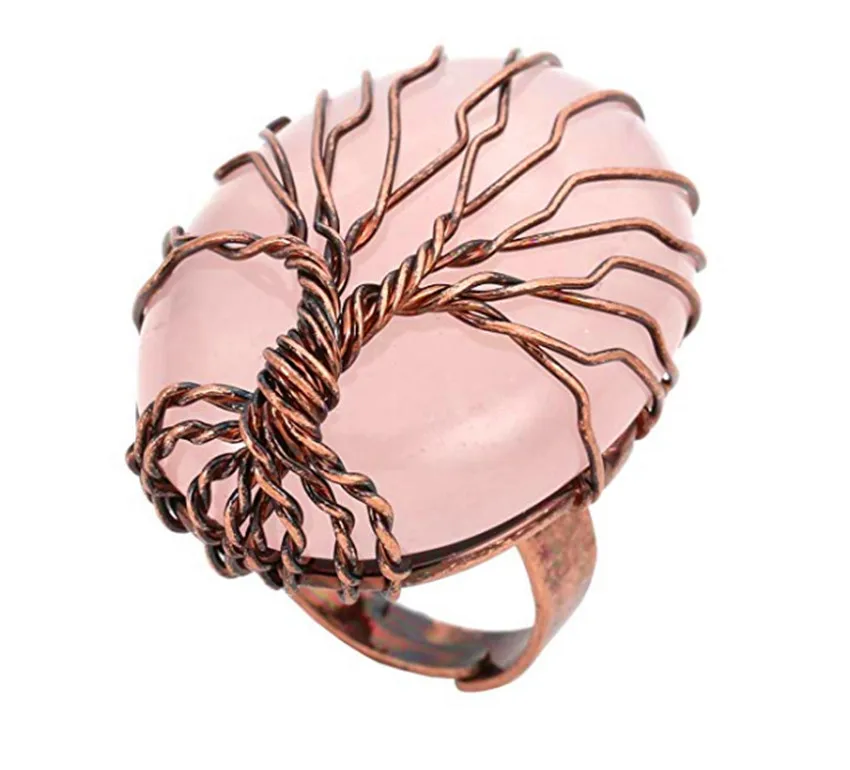 

FYJS Copper Plated Wire Wrap Tree of Life Oval Resizable Ring Natural Rose Pink Quartz Ring For Female Gift