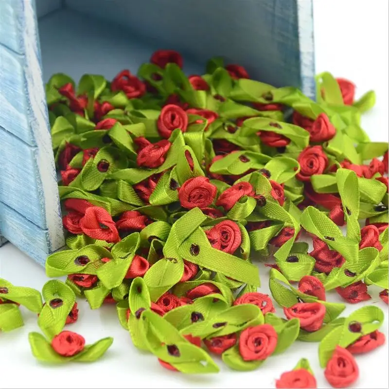 100pcs Mini Satin Ribbon Flower Silk Rose head Ribbon DIY Wedding Bow Appliques Craft Sewing Clothing Accessories  Decoration