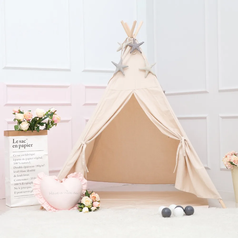 

Princess Kids Teepee Play Tent 100% Cotton Canvas Children Tipi Playhouse Indoor Outdoor Toy Boys Girls Baby Gift Beige With Mat