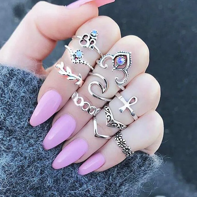 

10Pc/set Bohemia Gold Silver Color Midi Rings Set Antique Boho Vintage Jewelry Purple Cystal Knuckle Ring For Women Punk Fashion
