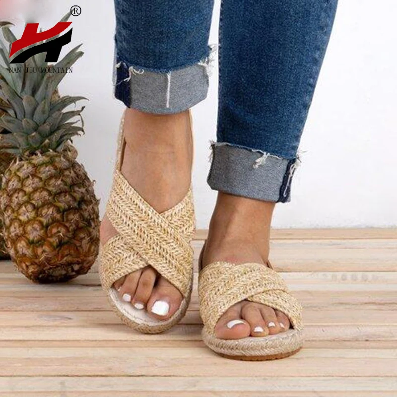 NAN JIU MOUNTAIN Women Sandals 2019 Summer Flat Sandals Casual Rattan Knitting Rear Elastic Band Simple Lady Wind Plus size