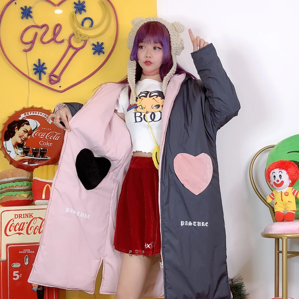 

Double side wear sweet love medium length cotton clip soft girl hooded girl's heart coats parkas coat