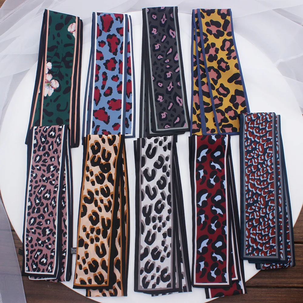 

LEAYH Brand Multicolor Leopard Print Faux Silk Satin Small Scarf Vintage Bag Handle Ribbons Strip Skinny Scarves For Women