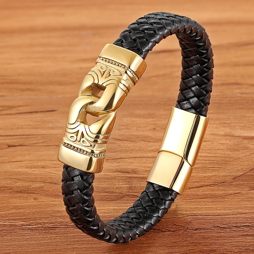 

TYO Wholesale Vintage Stainless Steel Gold Charm Bracelet Braided Leather Handmade Bracelets for Men Jewelry 7.5''/8.3''/9.1''