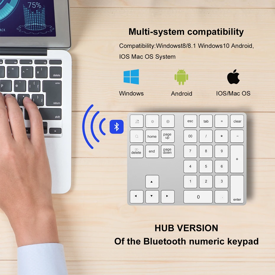 AVATTO Aluminum Alloy Bluetooth Wireless Numeric Keypad with USB HUB Digital Input Function for Windows,Mac OS,Android laptop PC