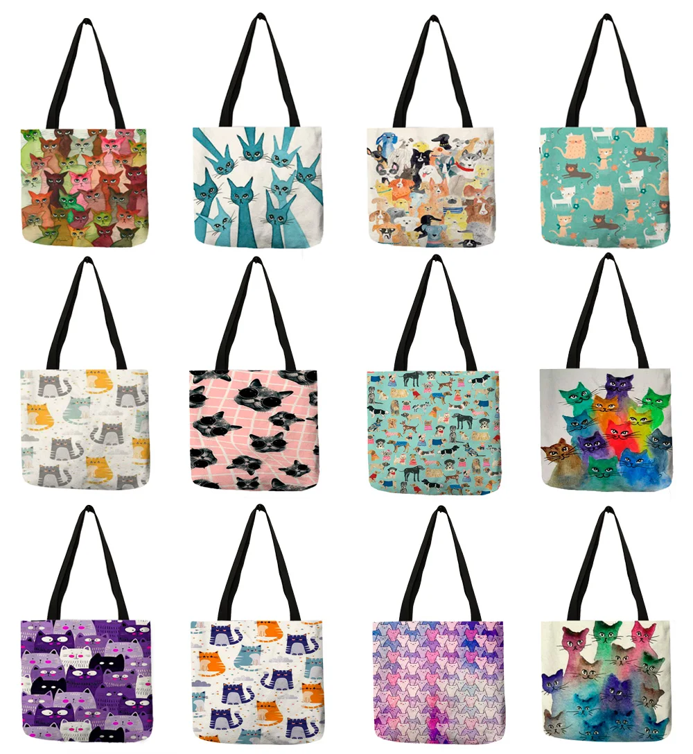Ladies Girls Casual Portable Fashion Handbag Colorful Cartoon Cute Cat Kitten Printing Design Shoulder Bag Eco Linen Daily Totes