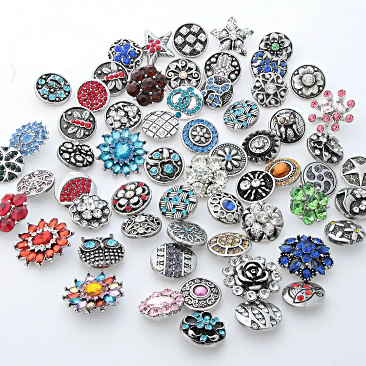 Hot sale 50Pcs Mixed styles 18mm Rhinestone metal snap buttons fit DIY snap bracelets Jewelry wholesale