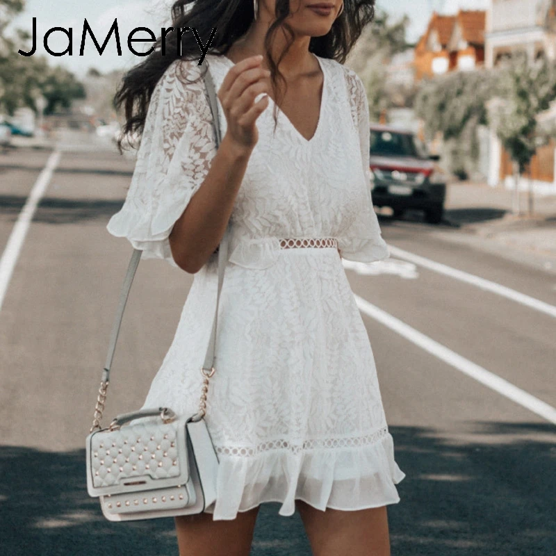 JaMerry винтажное платье с рюшами кружевная отделка вышивкой женское высокой талией