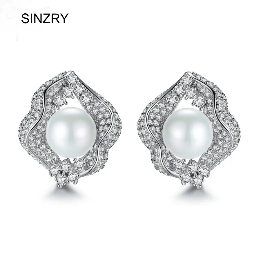 

SINZRY jewelry AAA+ Cubic zircon Micro paved simulated pearl geometry stud earrings Luxury jewellery