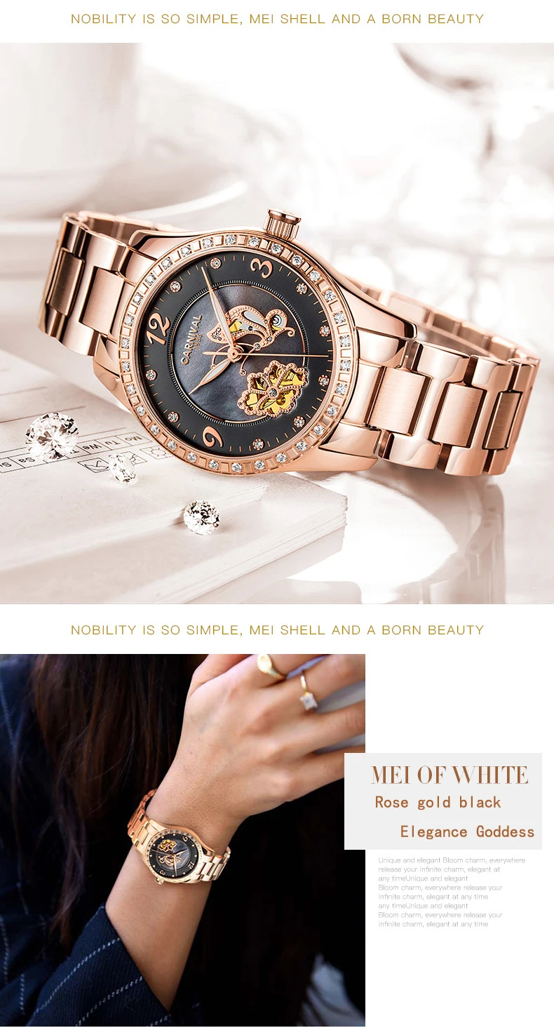 Carnival Mechanical Watch Women Ceramic Clock Butterfly Design Women's Watches Top Brand Luxury Women Sapphire Crystal Female