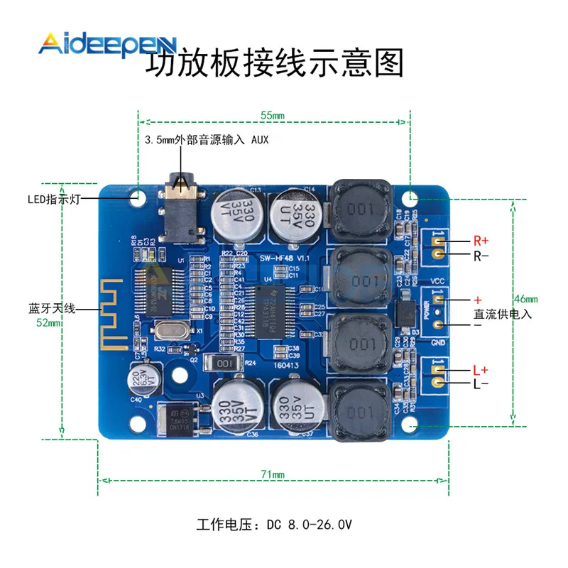 Постоянный ток, 8 в-26 V TPA3118 2x30 Вт 60 Вт стерео аудио Bluetooth подойдет как для повседневной носки, так цифровой аудио усилитель доска, размеры: 4-8 Ом 12V 24V для Arduino игрушка "сделай сам"